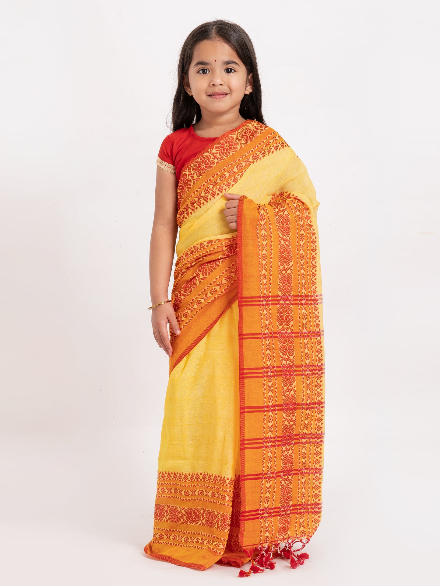 Exclusive Premium Quality Traditional Cotton Saree with Red Border, Floral Print Design Kids Begumpuri Saree, Costume for Girls