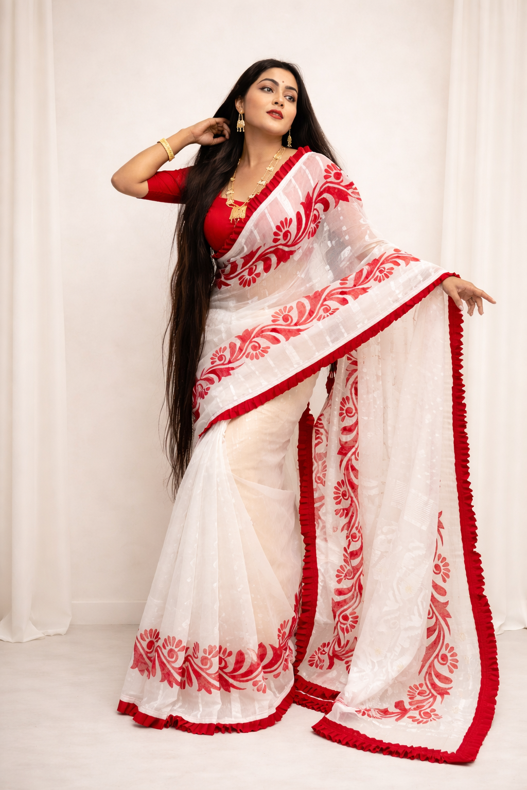 Korat Kolka Print Dhakai Jamdani Saree with Red Ruffle Work
