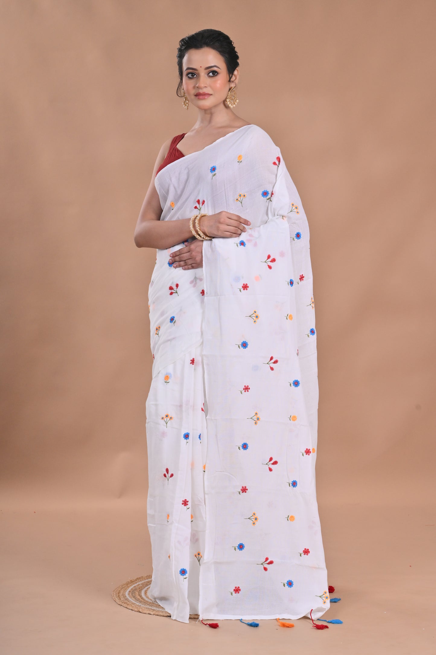 BALIKA TEXTILE New & Exclusive White Plain Solid Cotton Saree with Floral Embroidery & Running Blouse – 6.3 meters – Pure Cotton