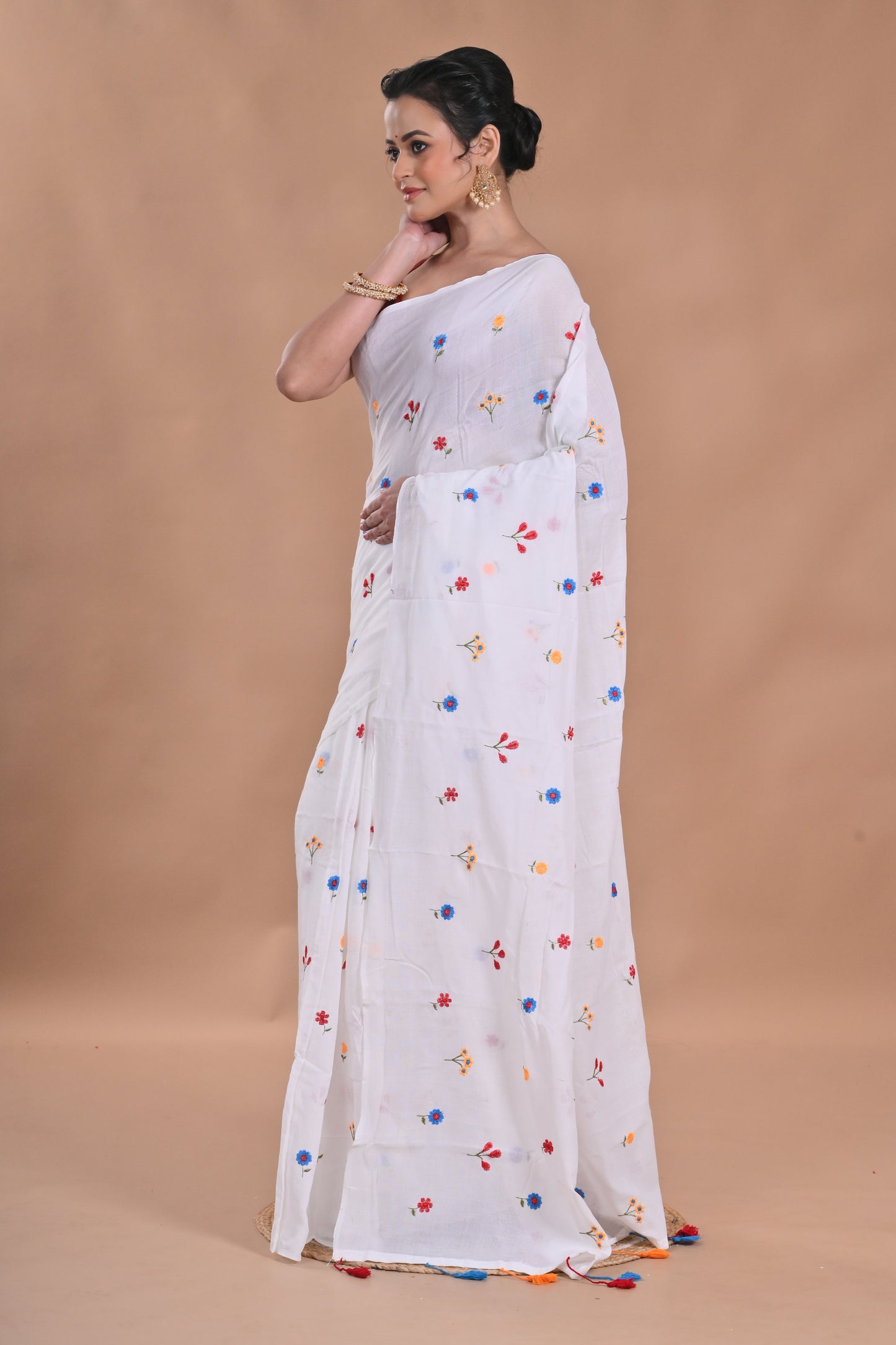 BALIKA TEXTILE New & Exclusive White Plain Solid Cotton Saree with Floral Embroidery & Running Blouse – 6.3 meters – Pure Cotton