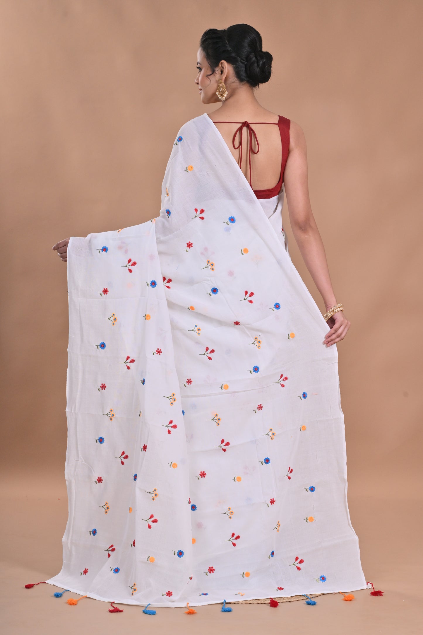 BALIKA TEXTILE New & Exclusive White Plain Solid Cotton Saree with Floral Embroidery & Running Blouse – 6.3 meters – Pure Cotton