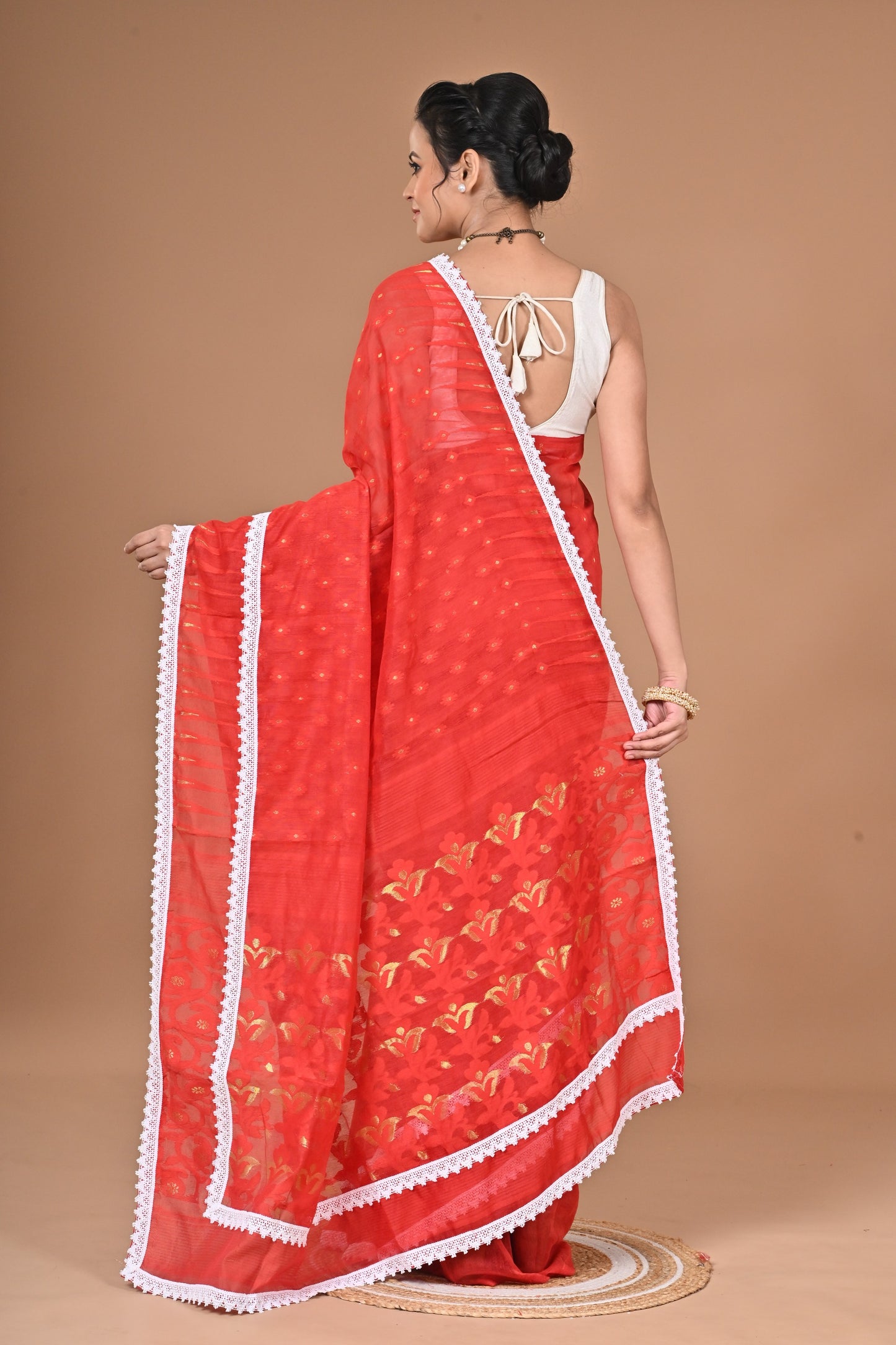 New & Exclusive Red Dimond Dhakai Jamdani Saree – White with Lace Border | Cotton Silk | 5.5m | No Blouse (Red)
