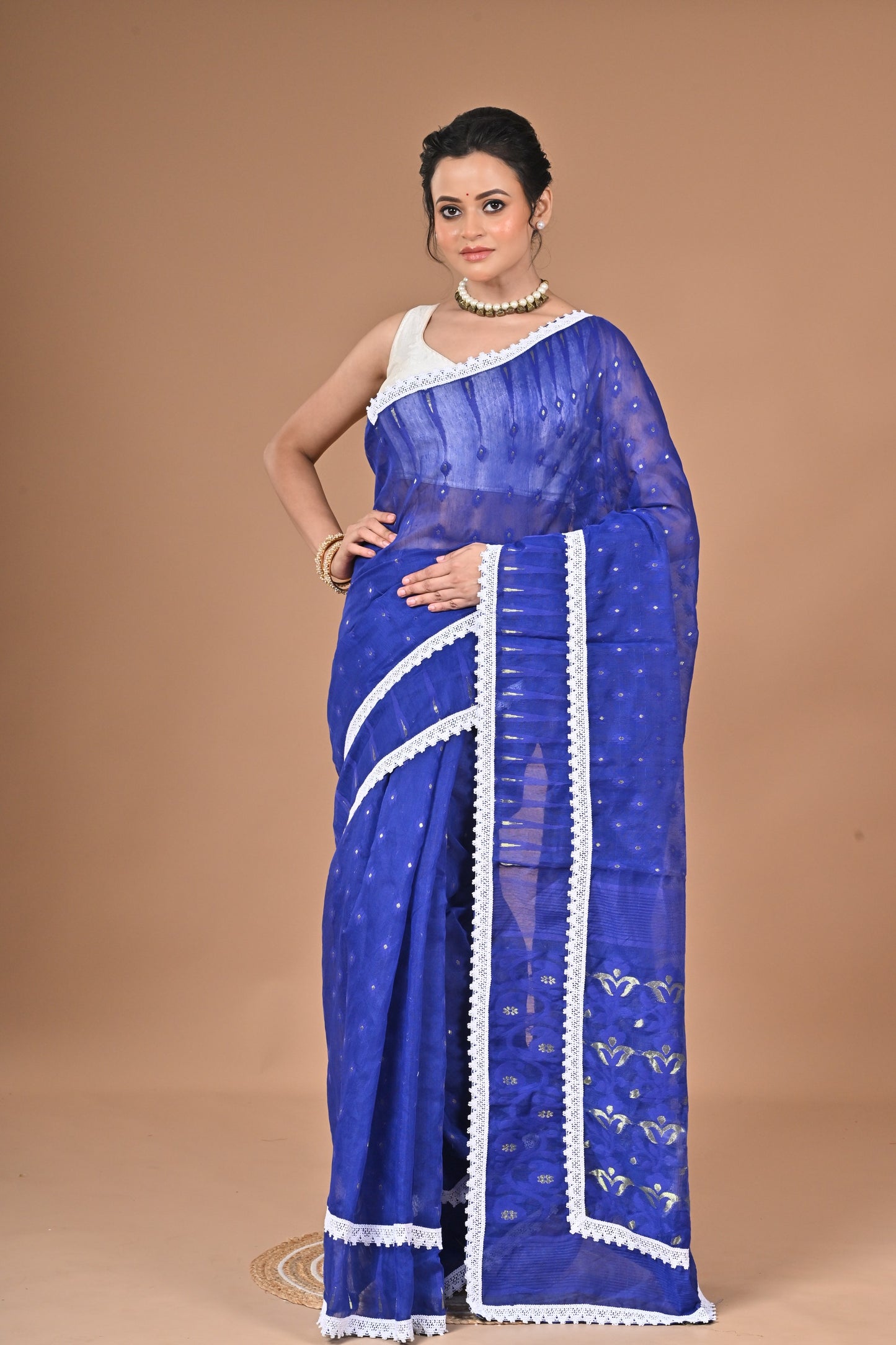 New & Exclusive Red Dimond Dhakai Jamdani Saree – White with Lace Border | Cotton Silk | 5.5m | No Blouse (Blue)