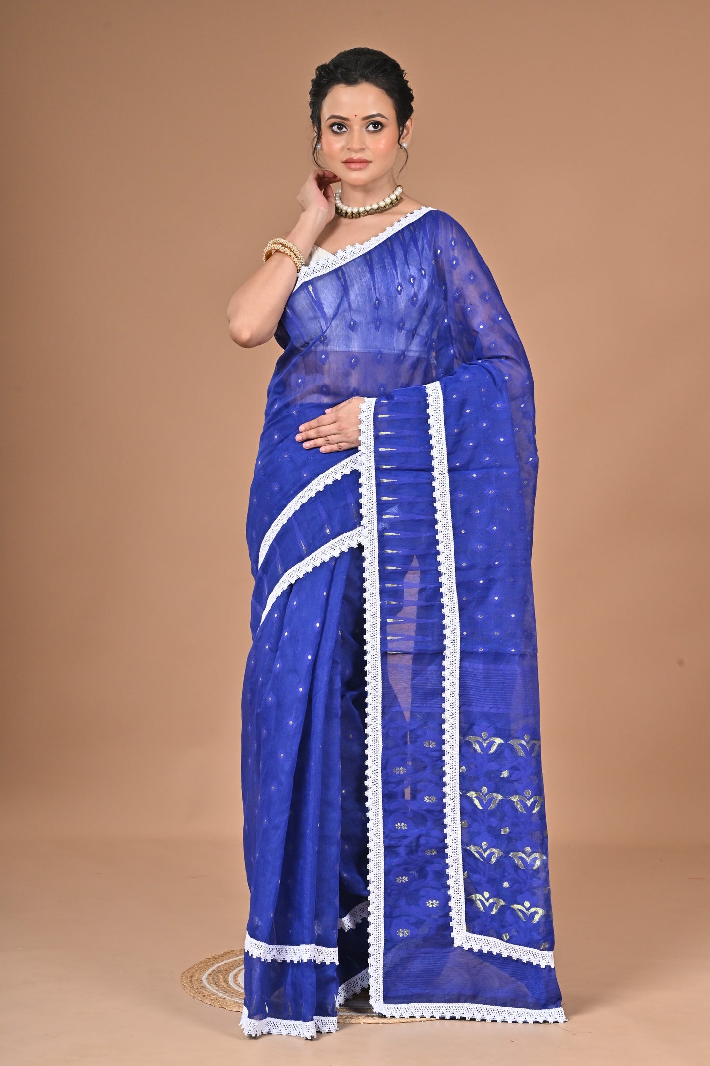 New & Exclusive Red Dimond Dhakai Jamdani Saree – White with Lace Border | Cotton Silk | 5.5m | No Blouse (Blue)
