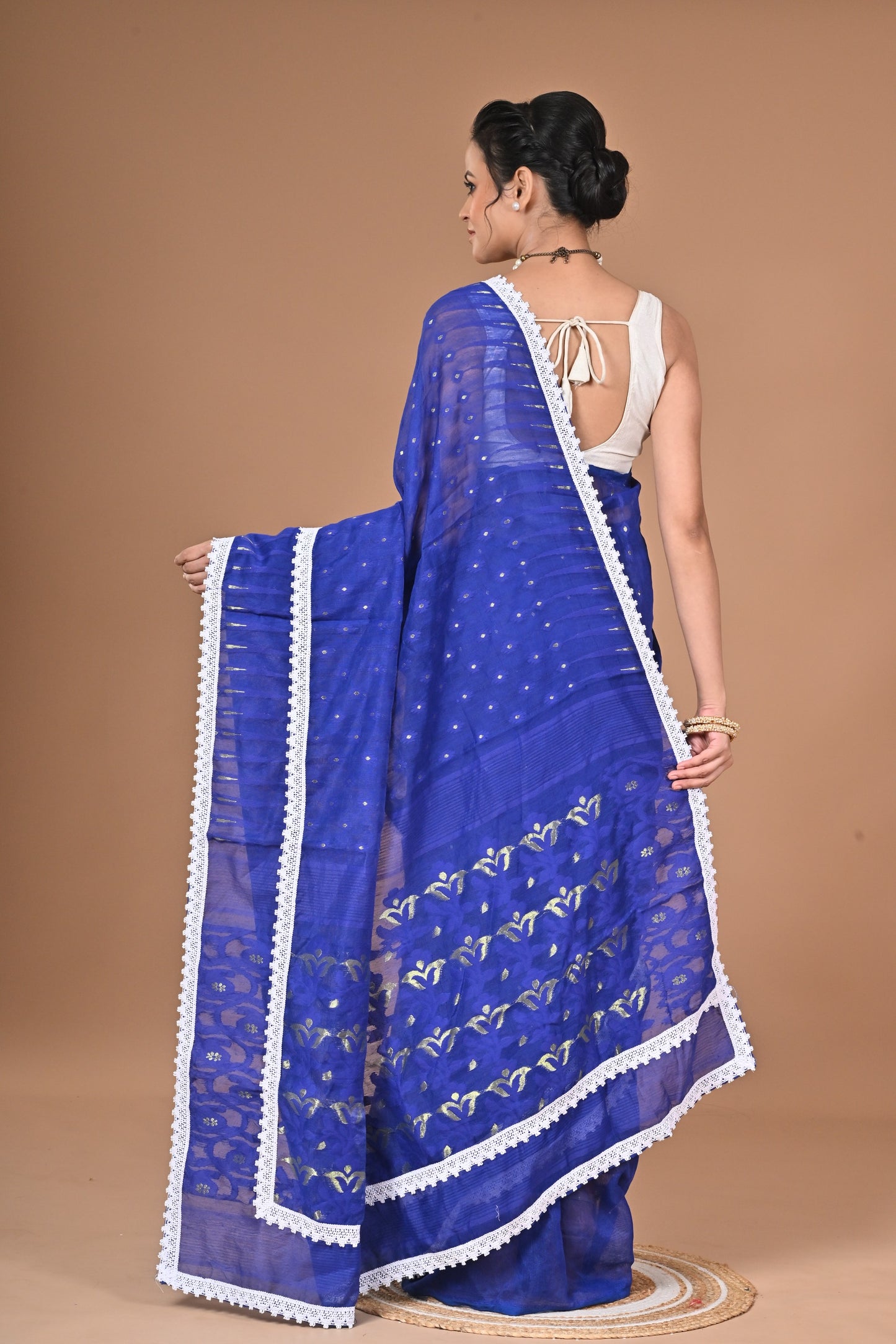 New & Exclusive Red Dimond Dhakai Jamdani Saree – White with Lace Border | Cotton Silk | 5.5m | No Blouse (Blue)