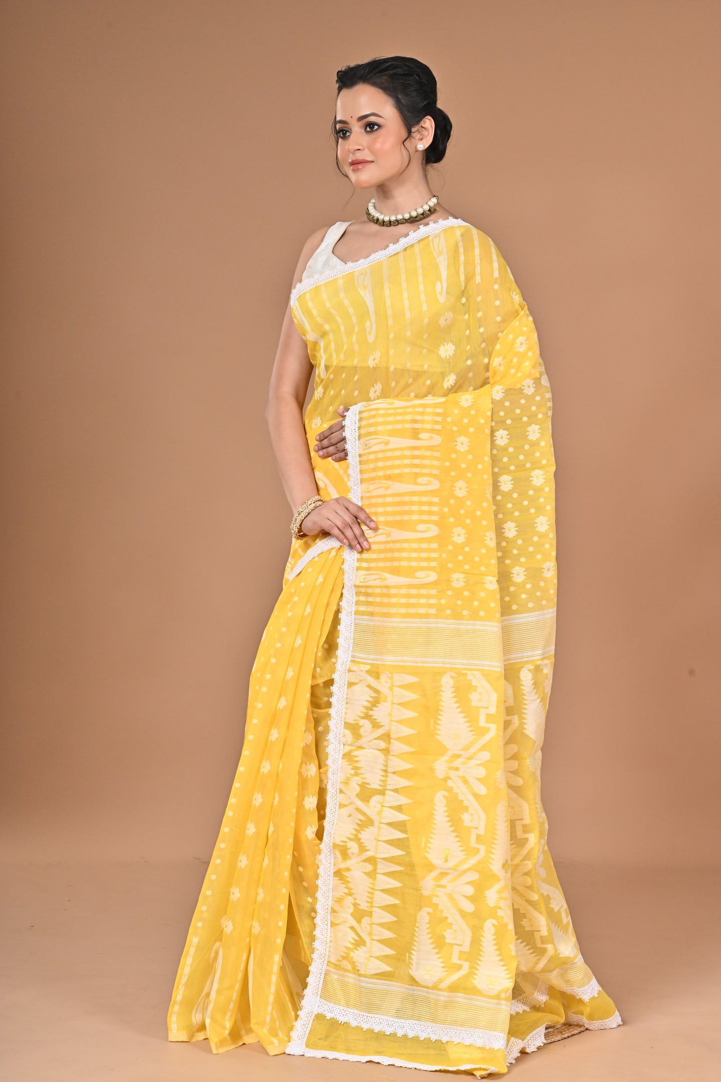 New & Exclusive Korat Dhakai Jamdani Saree – White with Lace Border | Cotton Silk | 5.5m | No Blouse ( Yellow )