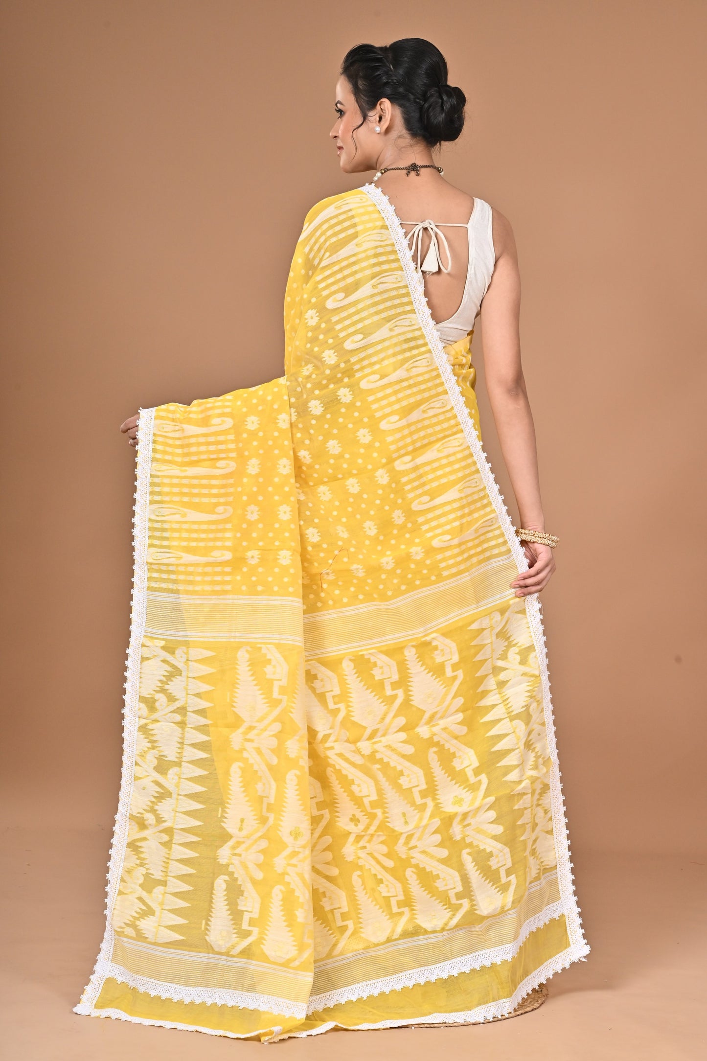 New & Exclusive Korat Dhakai Jamdani Saree – White with Lace Border | Cotton Silk | 5.5m | No Blouse ( Yellow )
