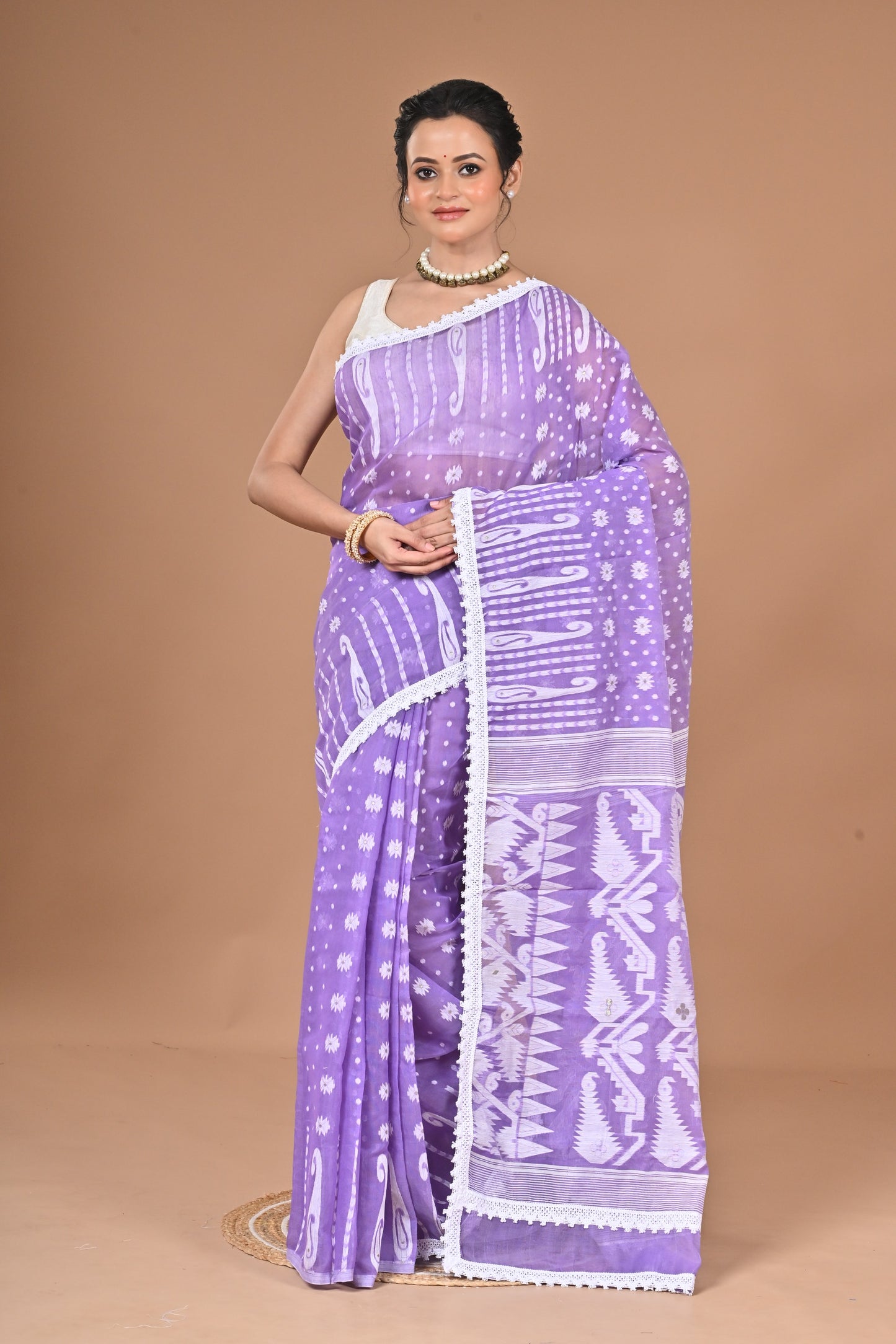 New & Exclusive Korat Dhakai Jamdani Saree – White with Lace Border | Cotton Silk | 5.5m | No Blouse (Purple)