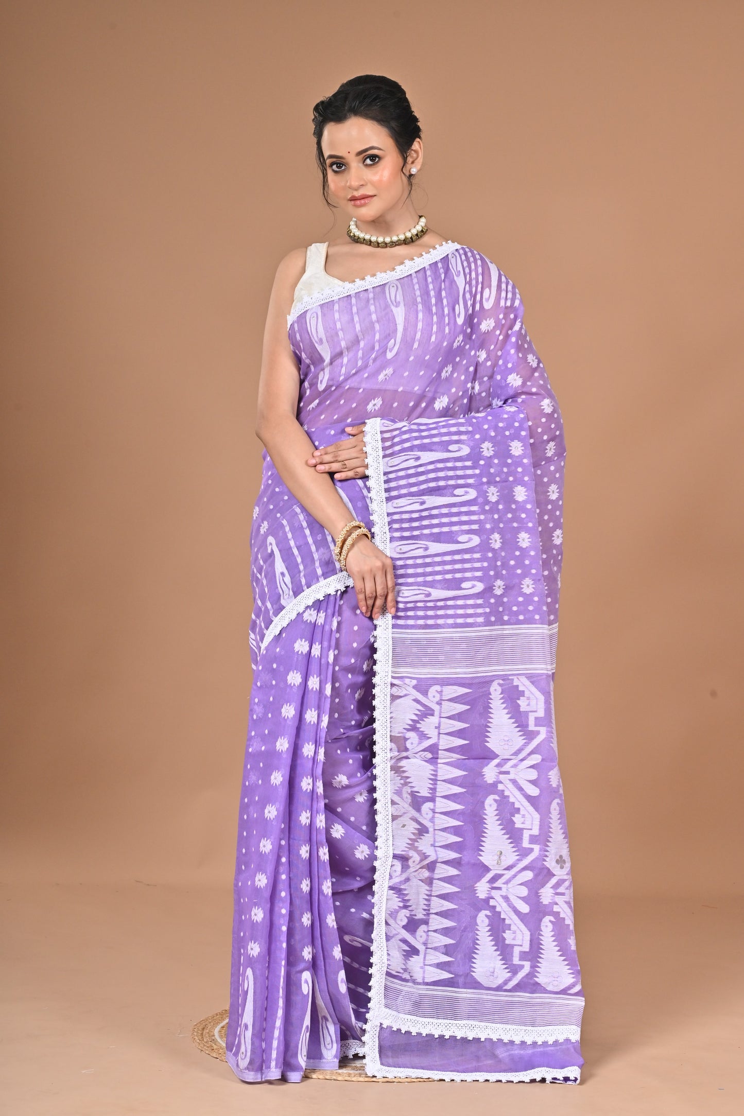 New & Exclusive Korat Dhakai Jamdani Saree – White with Lace Border | Cotton Silk | 5.5m | No Blouse (Purple)