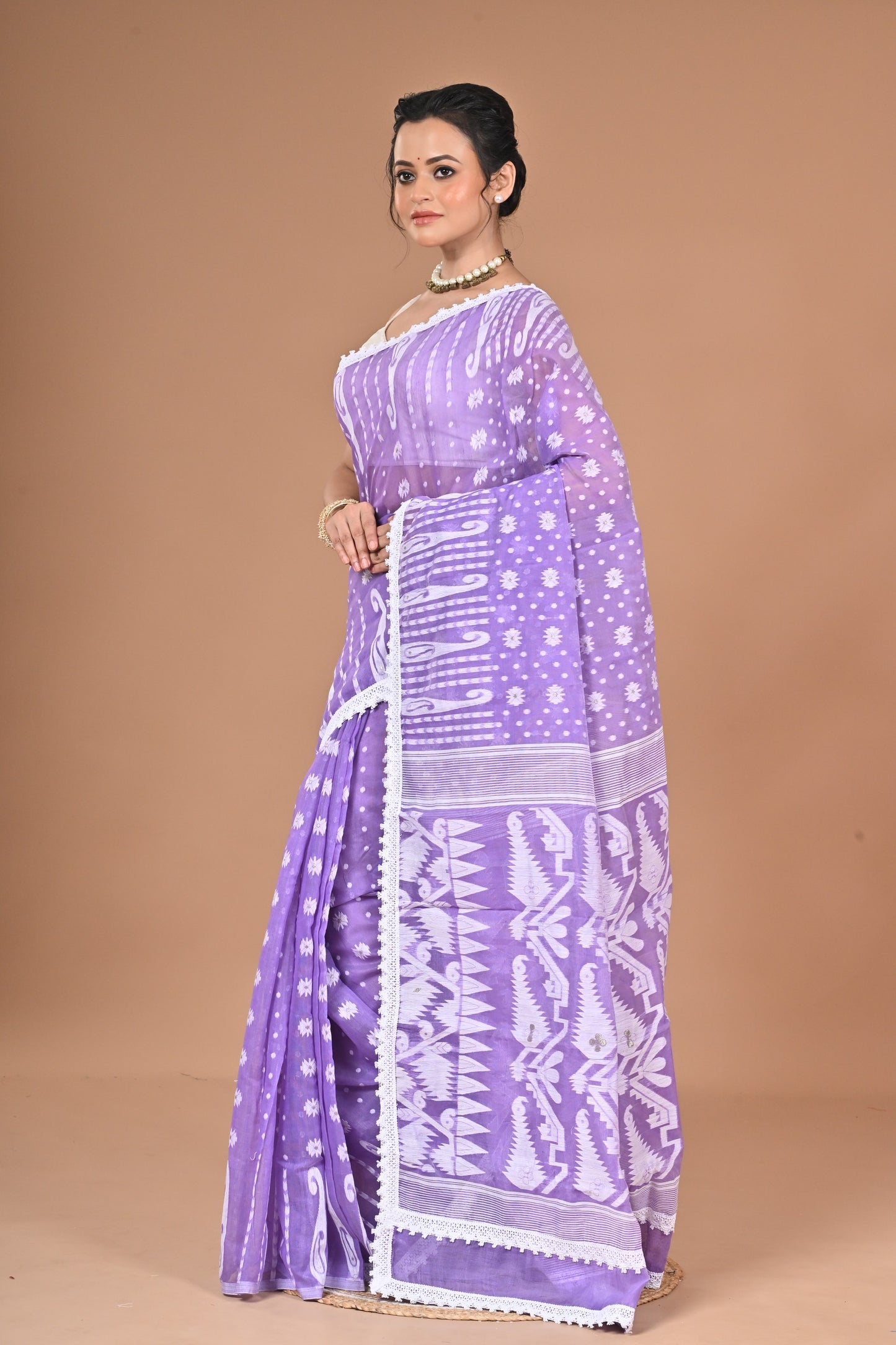 New & Exclusive Korat Dhakai Jamdani Saree – White with Lace Border | Cotton Silk | 5.5m | No Blouse (Purple)