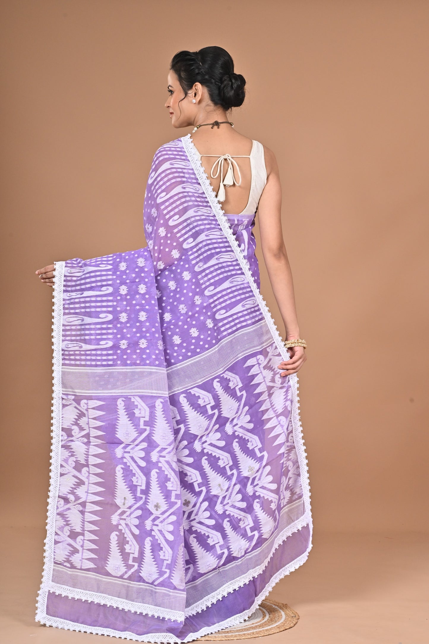 New & Exclusive Korat Dhakai Jamdani Saree – White with Lace Border | Cotton Silk | 5.5m | No Blouse (Purple)