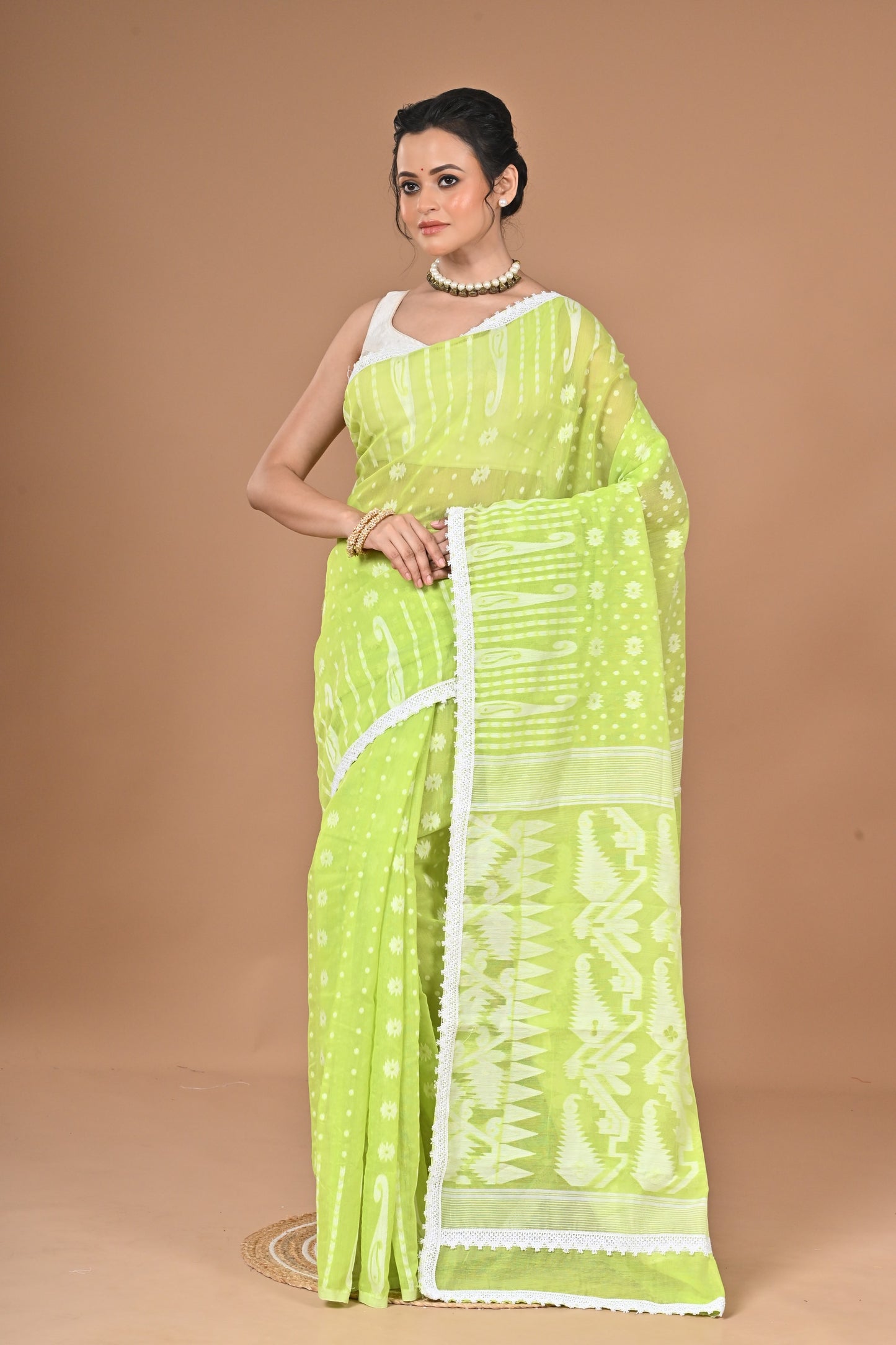 New & Exclusive Korat Dhakai Jamdani Saree – White with Lace Border | Cotton Silk | 5.5m | No Blouse ( Light Green )