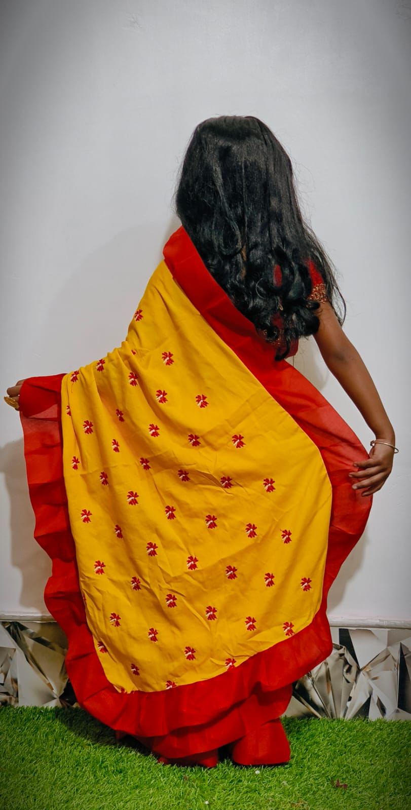 Exclusive Saraswati Puja Spacial Embroidery Work Shuli Kids Saree