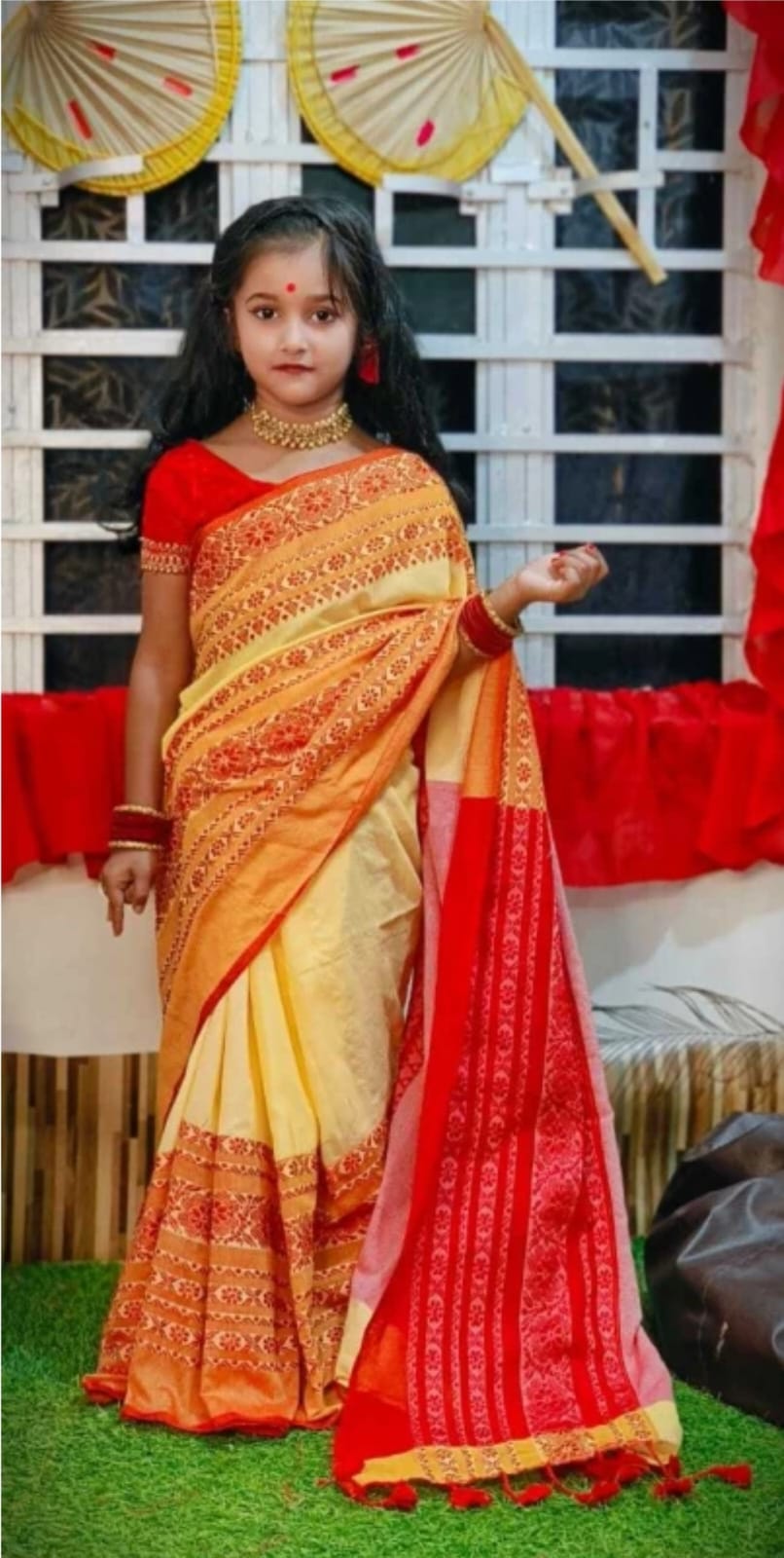 Soft Begumpuri Kids Khadi Cotton Saree With Ready Blouse and Petticoat