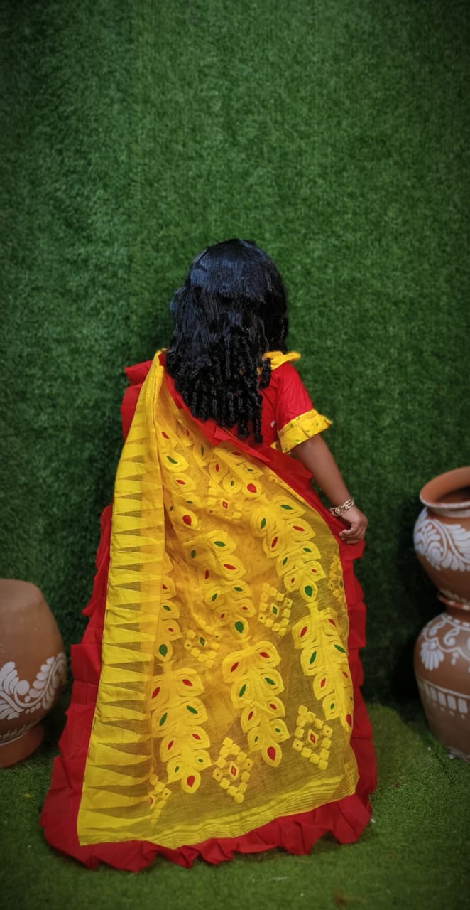 Exclusive Saraswati Puja Spacial Minakari Jamdani Redy To Wear kids Saree ( Yellow )