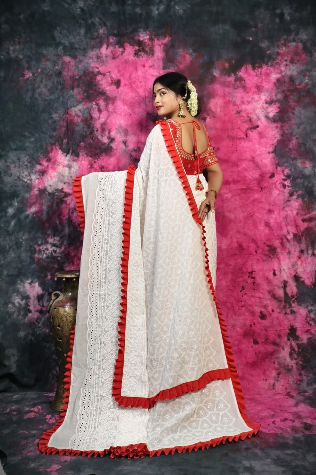 BALIKA TEXTILE White Hakoba Chikankari Cotton Saree with Red Ruffle Border – 5.5M – No Blouse