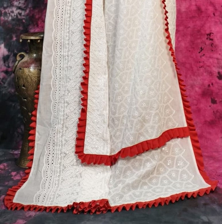BALIKA TEXTILE White Hakoba Chikankari Cotton Saree with Red Ruffle Border – 5.5M – No Blouse