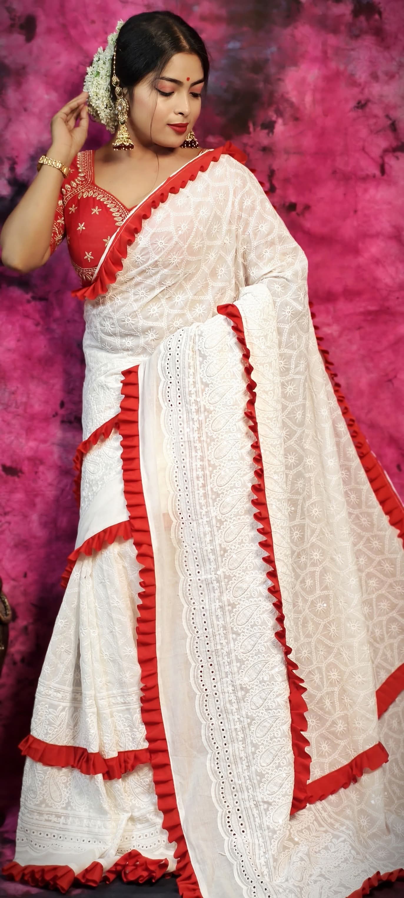 BALIKA TEXTILE White Hakoba Chikankari Cotton Saree with Red Ruffle Border – 5.5M – No Blouse
