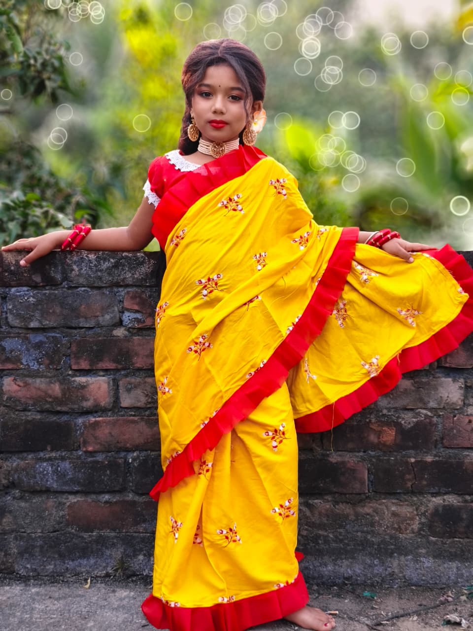Rayon Cotton Embroidered Kids Saree | Festive Wear Saree for Girls (3–5 Years) | Lightweight & Comfortable | No Blouse Piece