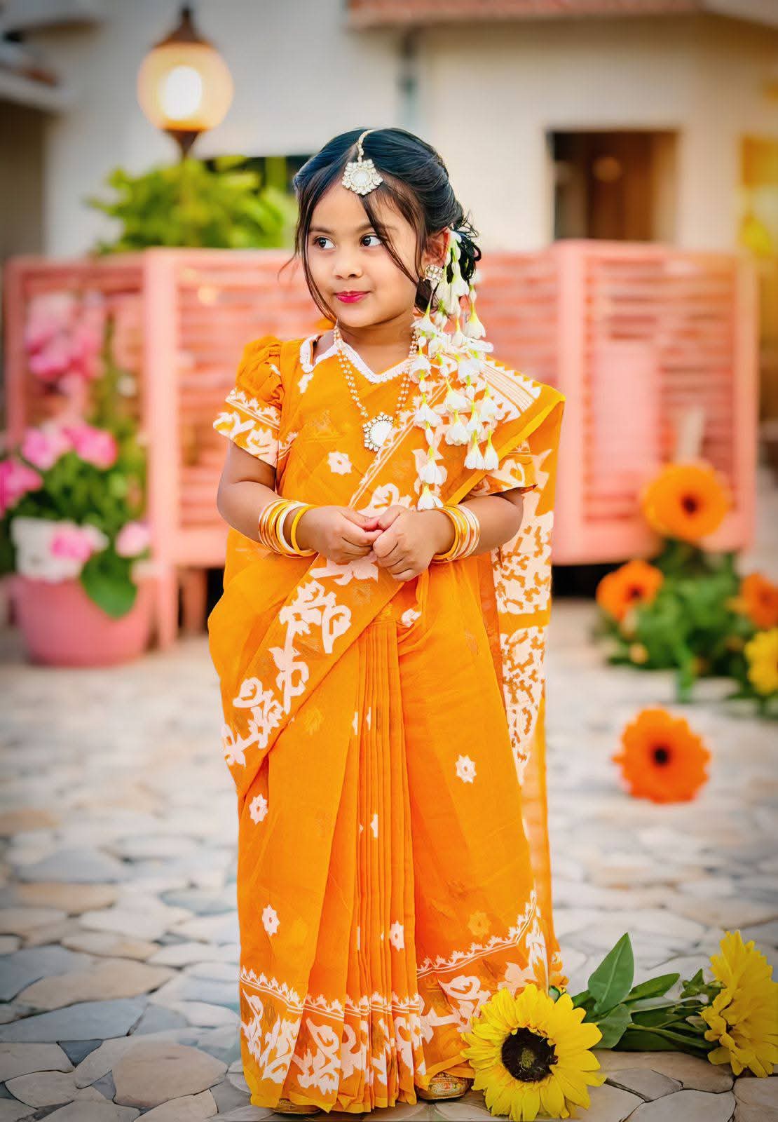 Embroidered Kids Saree with Blouse Set | Traditional Festive Wear for Girls (3–5 Years) | Soft & Comfortable Fabric | Ready-to-Wear Ethnic Set