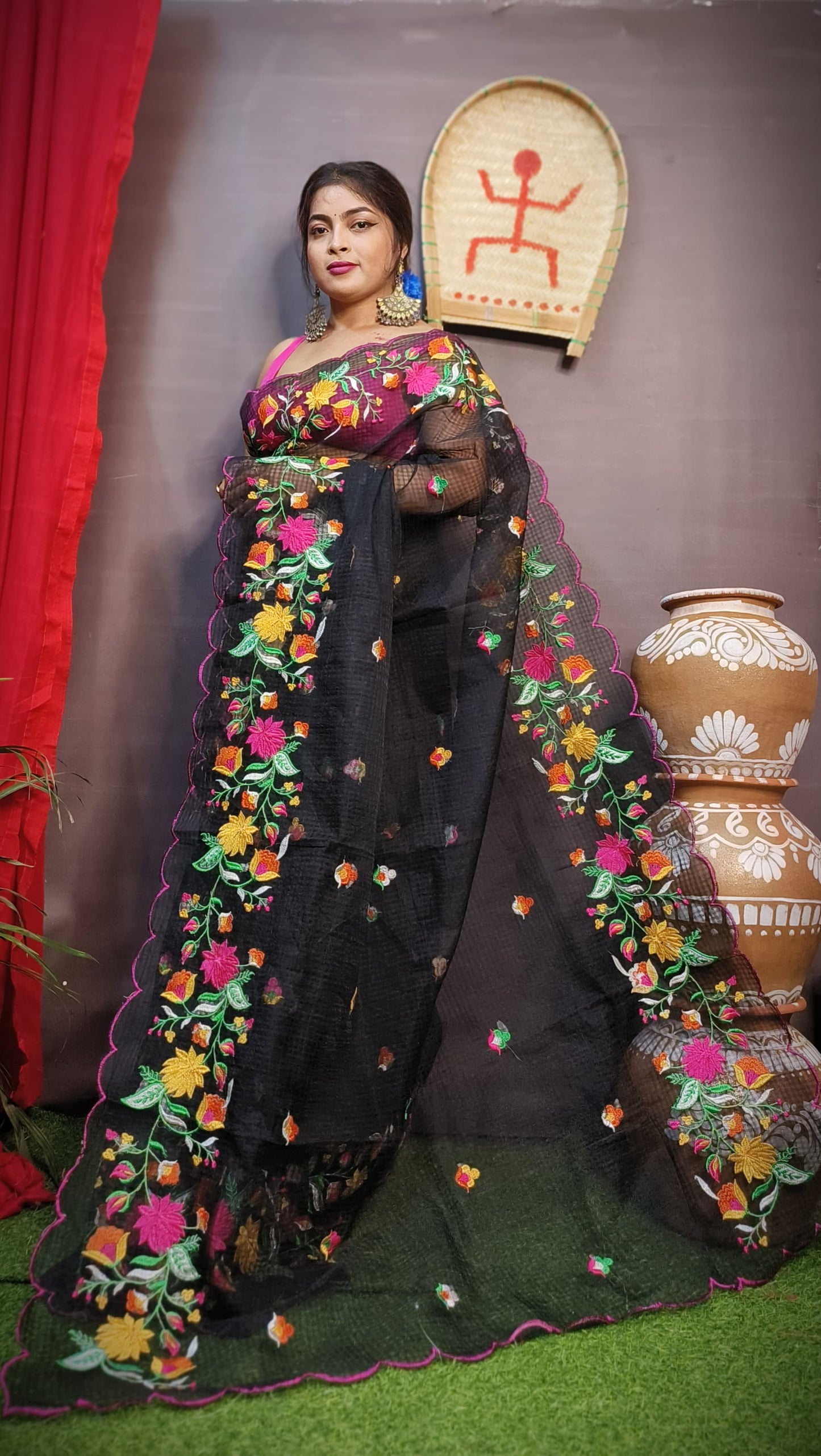 Pure Kota Embroidery Saree for Women Multicolor Floral Thread Work Designer Saree Without Blouse