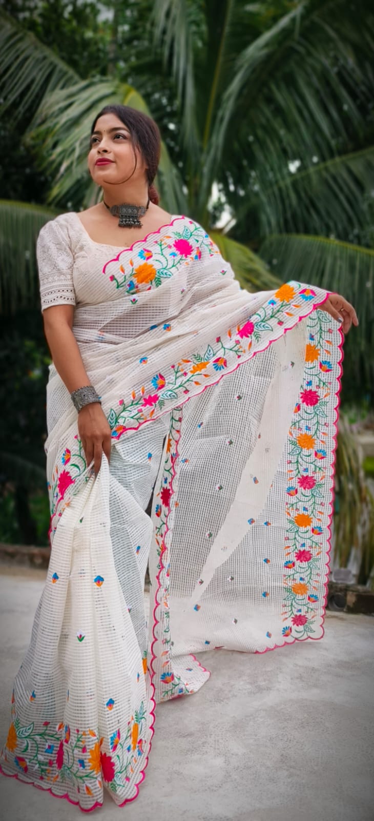 Pure Kota Embroidery Saree for Women Multicolor Floral Thread Work Designer Saree Without Blouse