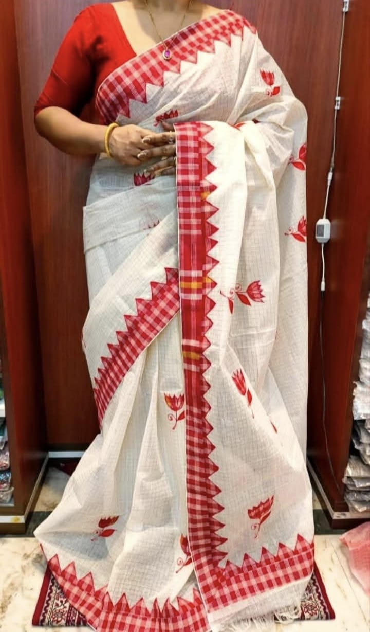 Pure Cotton Saree with All-Over Zori Check & 9-Hand Gamcha Applique Work No Blouse