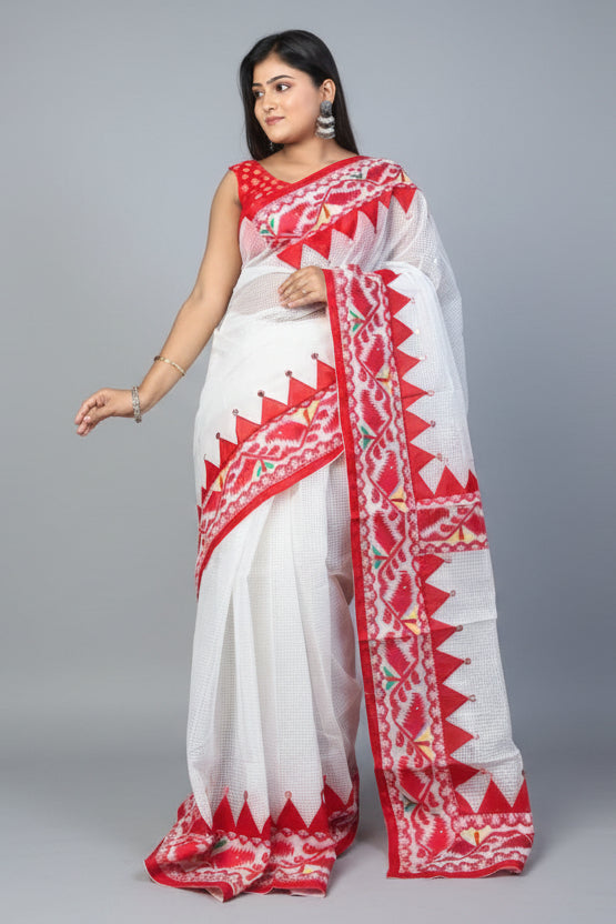 Kota Jamdani Saree with Cut Work & Applique Border | Traditional Red White Handcrafted Saree | Festive & Ethnic Wear | Without Blouse