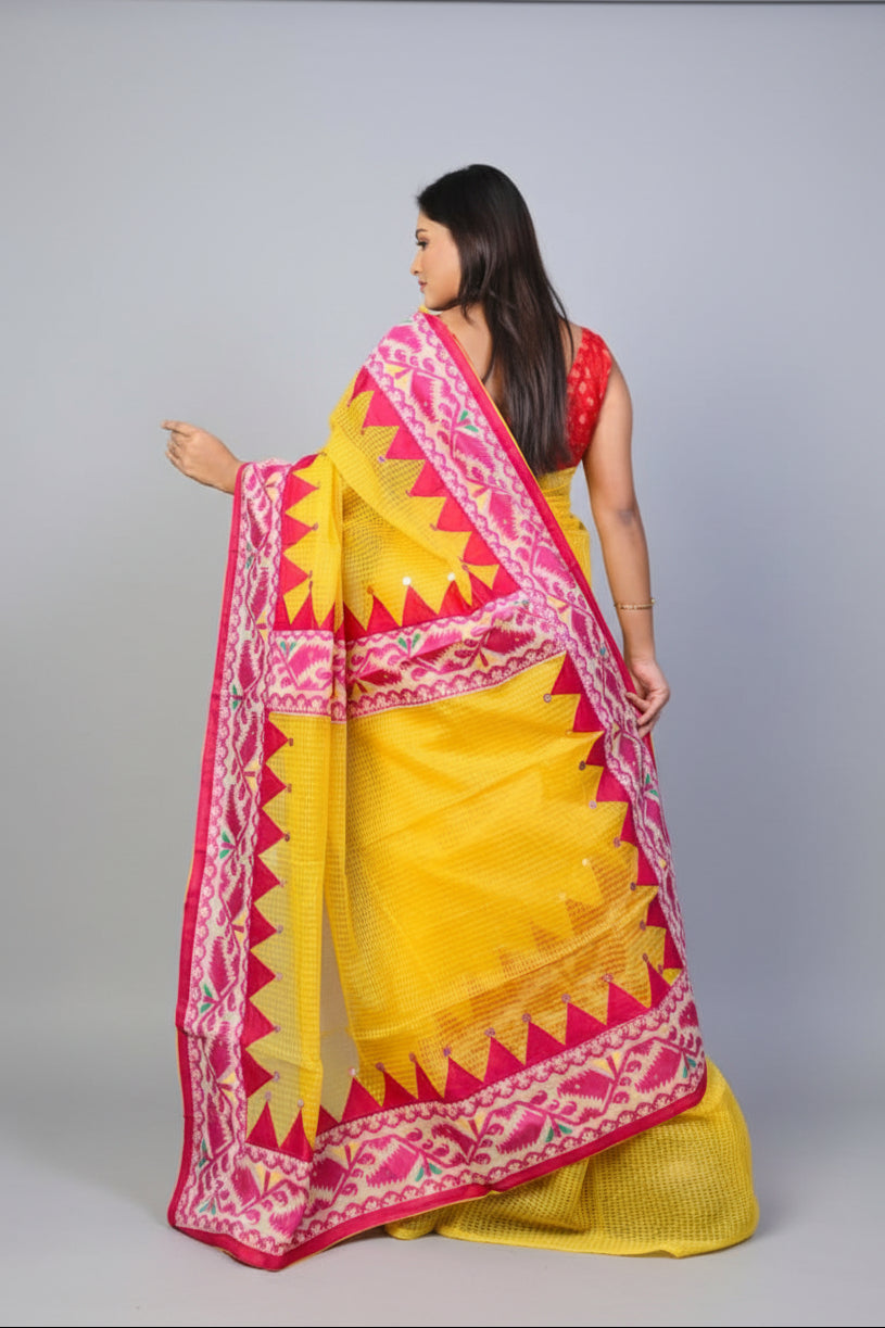 Kota Jamdani Saree with Cut Work & Applique Border | Traditional Red White Handcrafted Saree | Festive & Ethnic Wear | Without Blouse