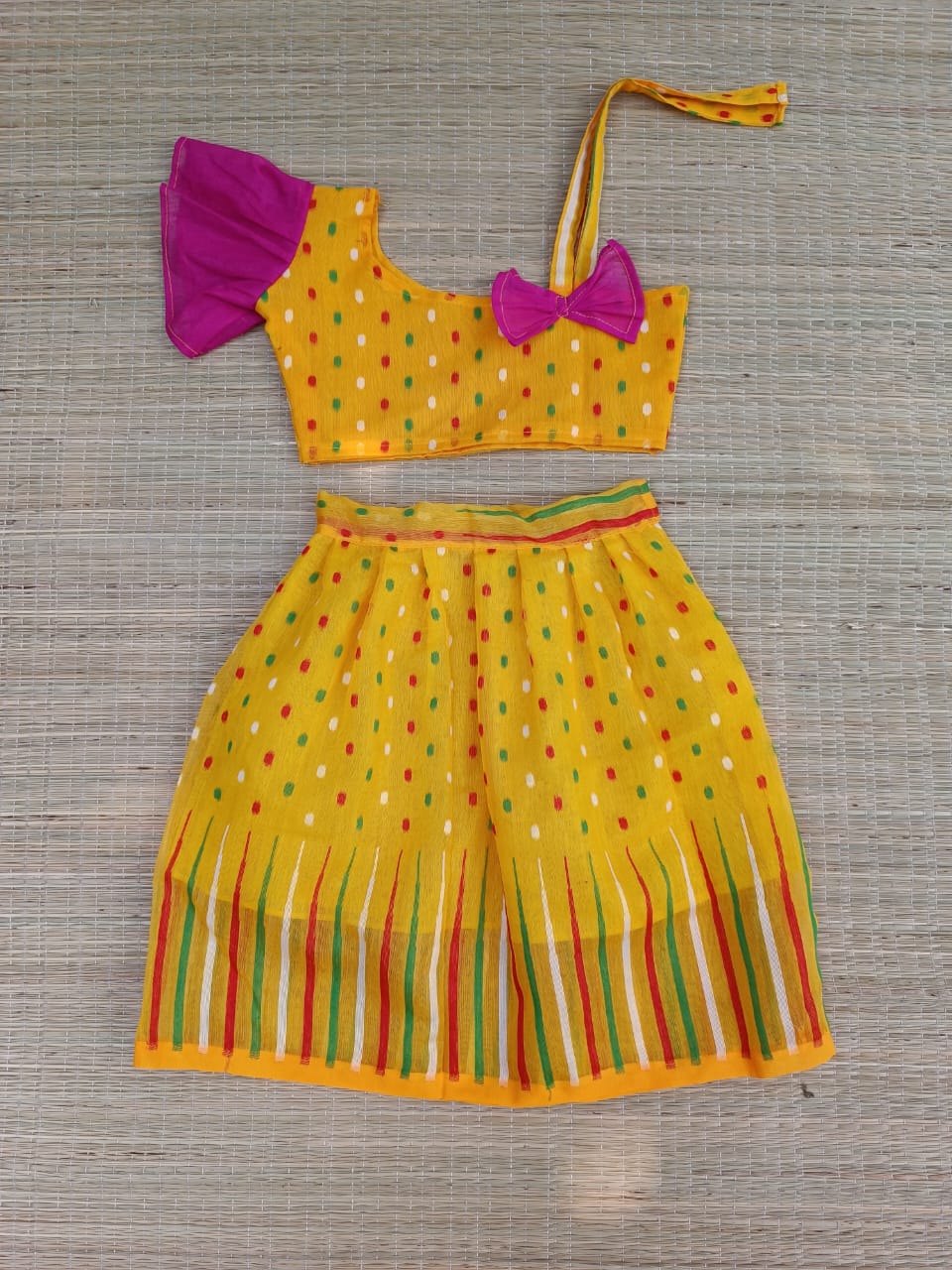 BALIKA TEXTILE Ready to Wear Jamdani Stitch Cotton Kids Lehenga with Blouse Set (Yellow)