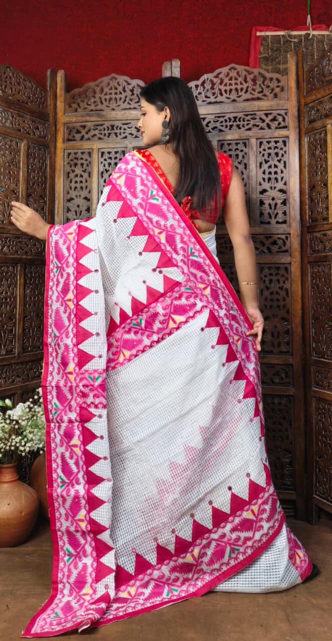 Kota Jamdani Saree with Cut Work & Applique Border | Traditional Red White Handcrafted Saree | Festive & Ethnic Wear | Without Blouse