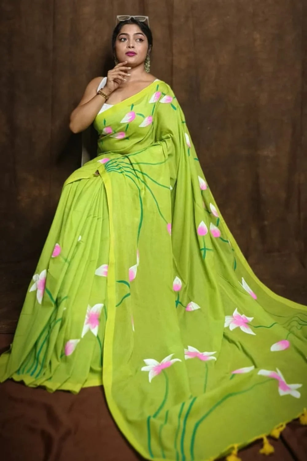 Pure Lotus Hand Printed Khadi Cotton Saree Running Blouse
