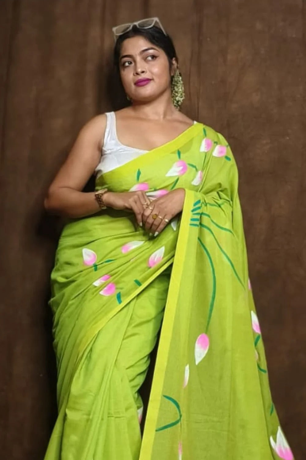 Pure Lotus Hand Printed Khadi Cotton Saree Running Blouse