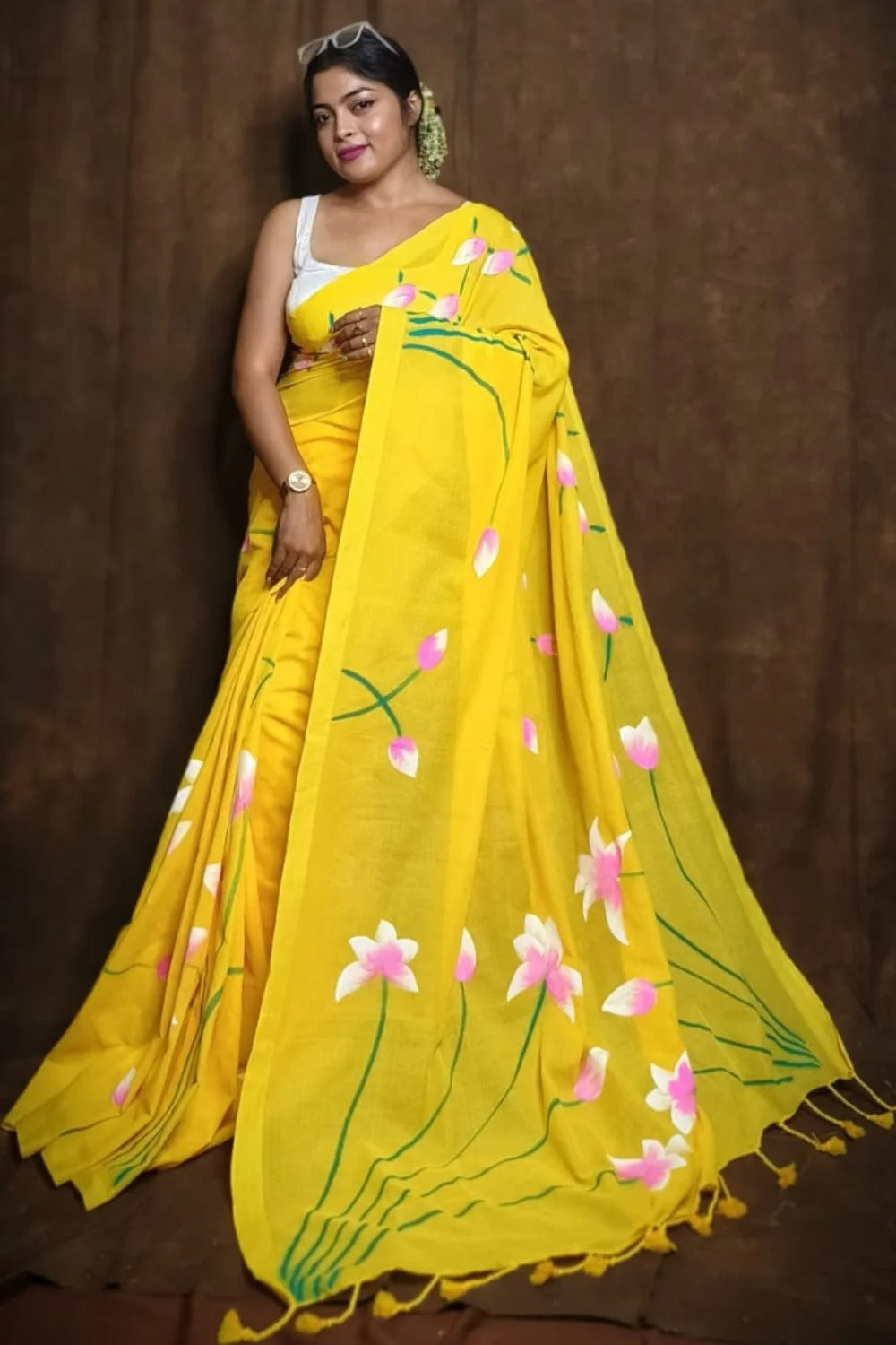Pure Lotus Hand Printed Khadi Cotton Saree Running Blouse