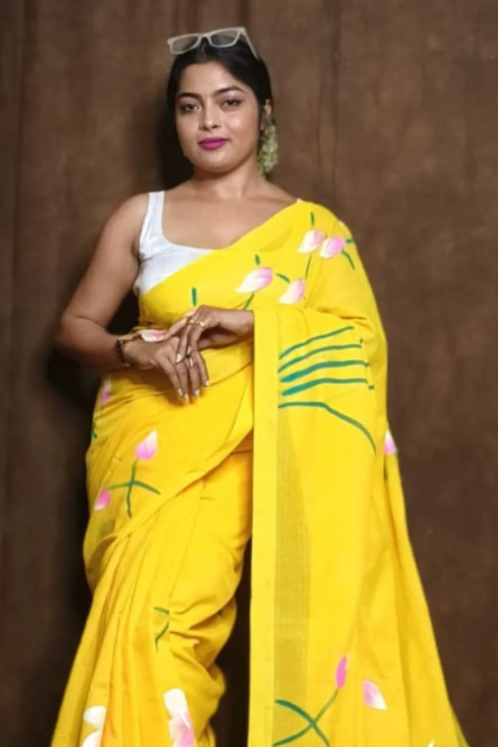 Pure Lotus Hand Printed Khadi Cotton Saree Running Blouse