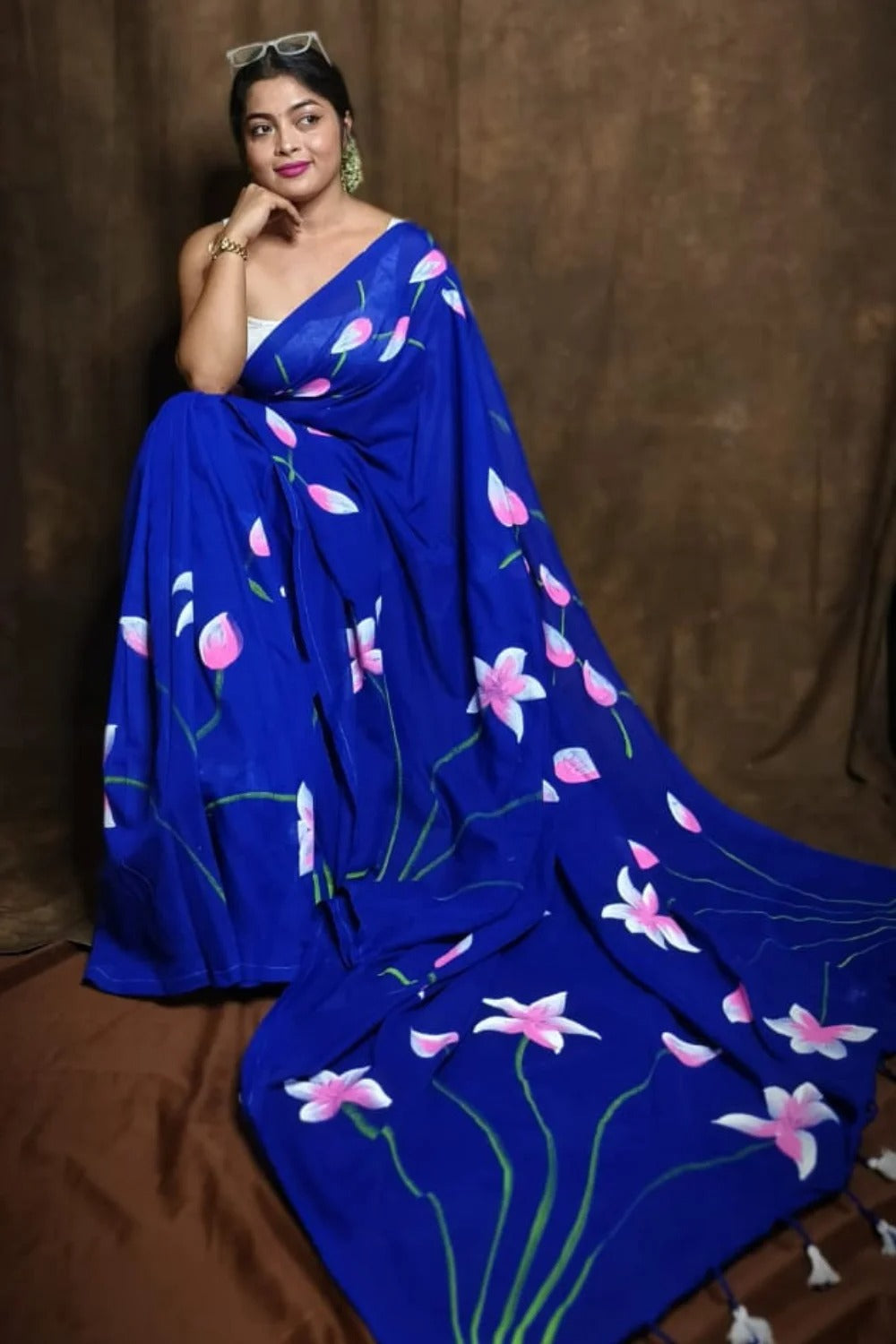 Pure Lotus Hand Printed Khadi Cotton Saree Running Blouse