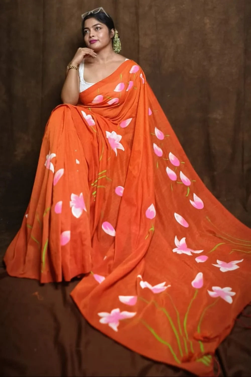 Pure Lotus Hand Printed Khadi Cotton Saree Running Blouse