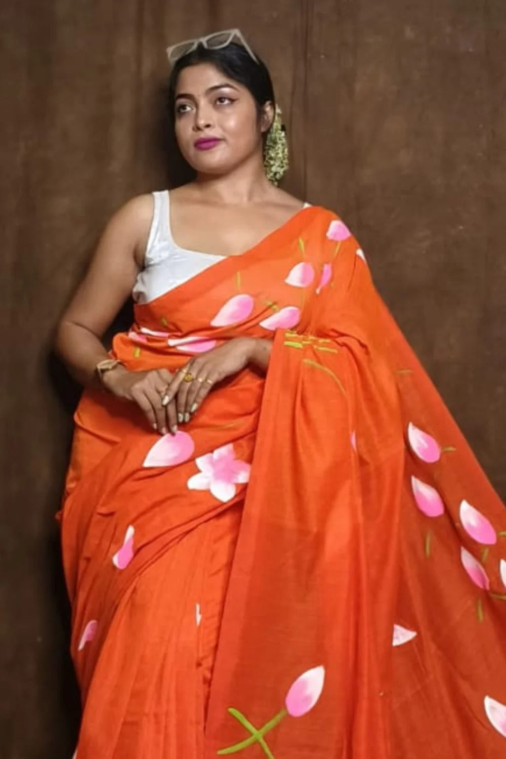 Pure Lotus Hand Printed Khadi Cotton Saree Running Blouse