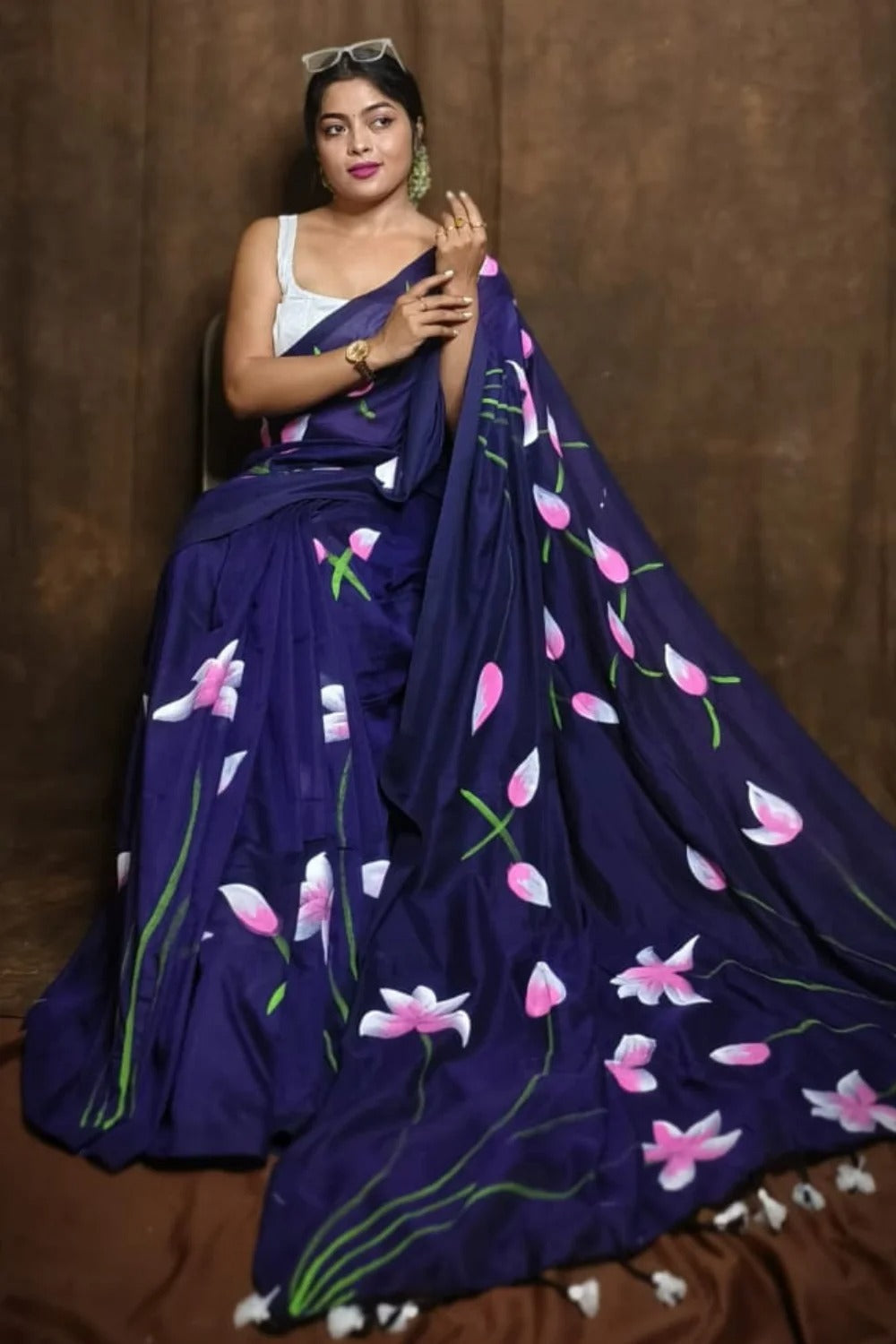 Pure Lotus Hand Printed Khadi Cotton Saree Running Blouse