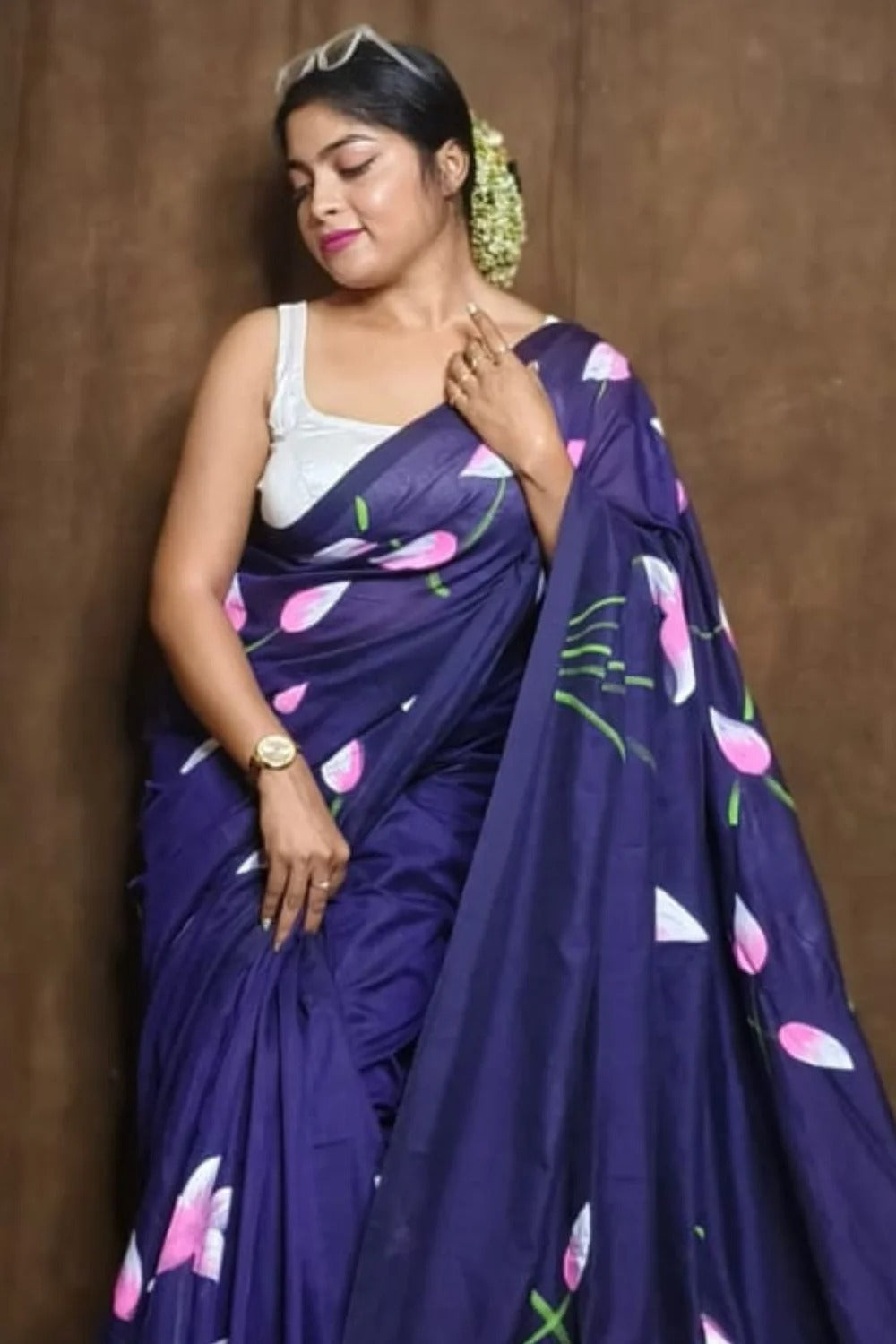 Pure Lotus Hand Printed Khadi Cotton Saree Running Blouse
