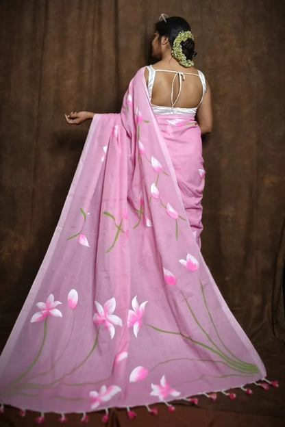 Pure Lotus Hand Printed Khadi Cotton Saree Running Blouse