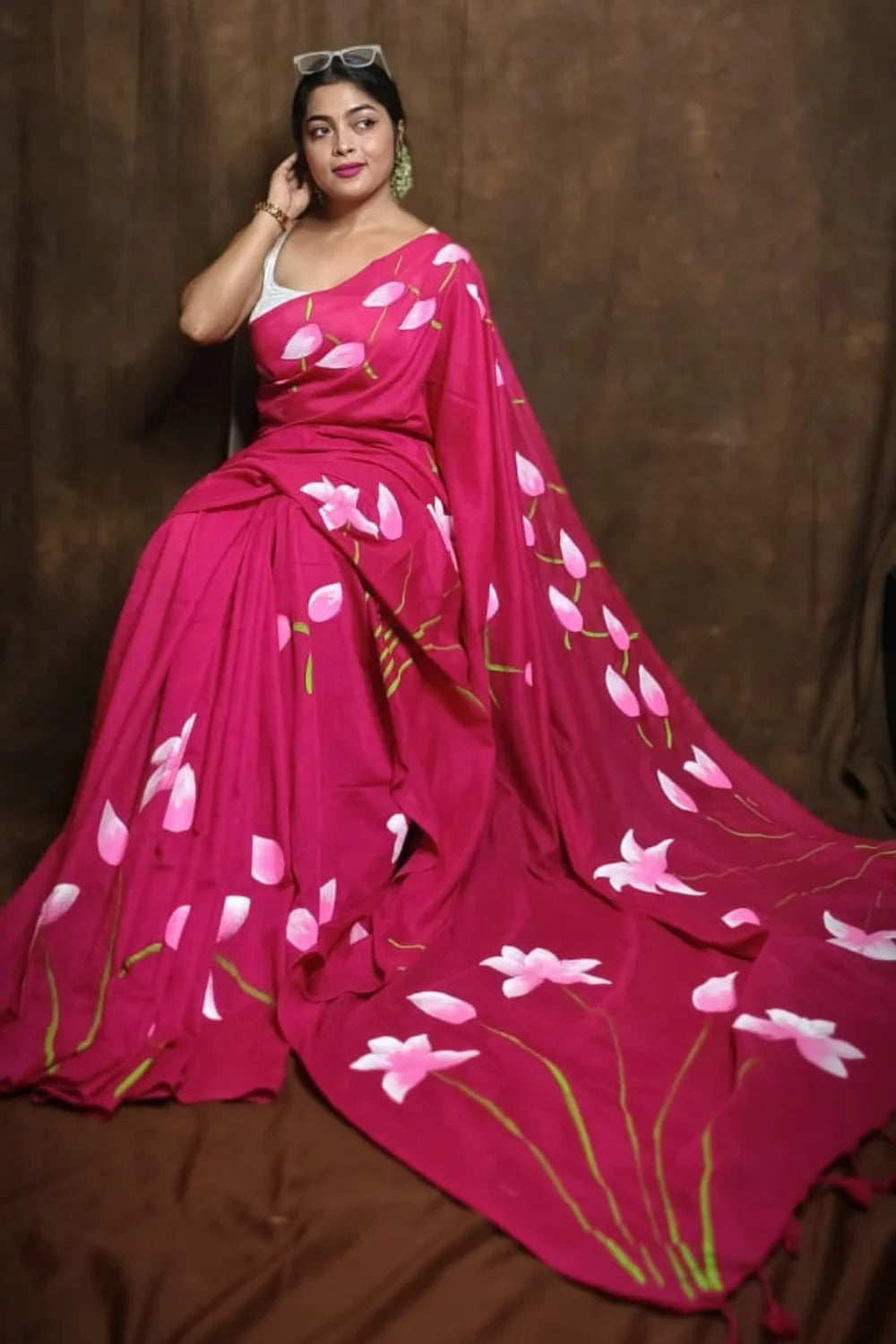 Pure Lotus Hand Printed Khadi Cotton Saree Running Blouse