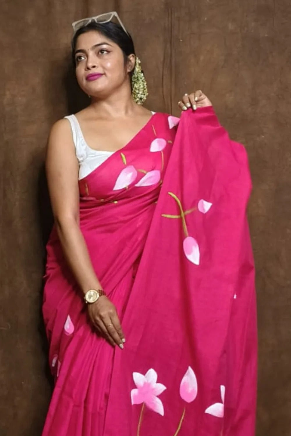 Pure Lotus Hand Printed Khadi Cotton Saree Running Blouse
