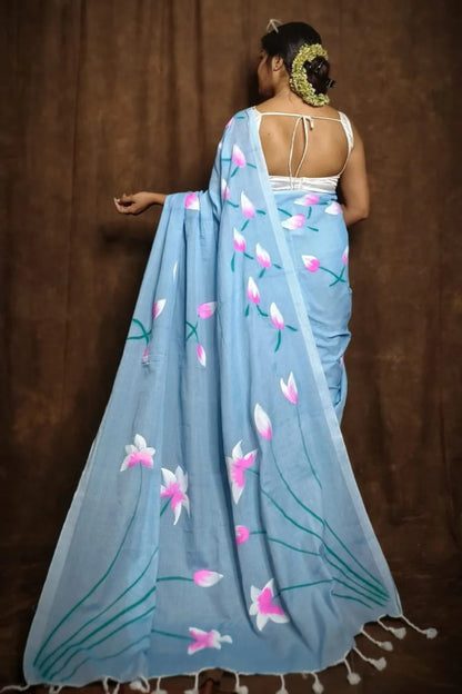 Pure Lotus Hand Printed Khadi Cotton Saree Running Blouse