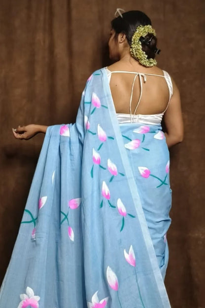 Pure Lotus Hand Printed Khadi Cotton Saree Running Blouse