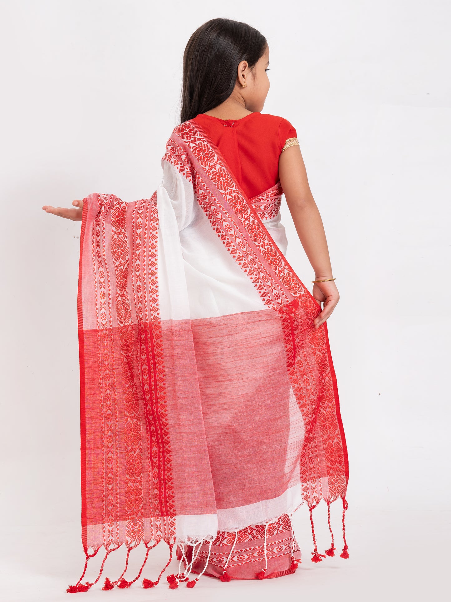 Exclusive Premium Quality Traditional Cotton Saree with Red Border, Floral Print Design Kids Begumpuri Saree, Costume for Girls