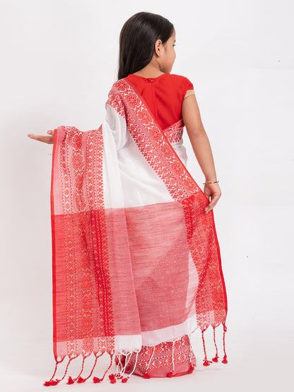 Exclusive Premium Quality Traditional Cotton Saree with Red Border, Floral Print Design Kids Begumpuri Saree, Costume for Girls