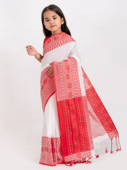 Exclusive Premium Quality Traditional Cotton Saree with Red Border, Floral Print Design Kids Begumpuri Saree, Costume for Girls
