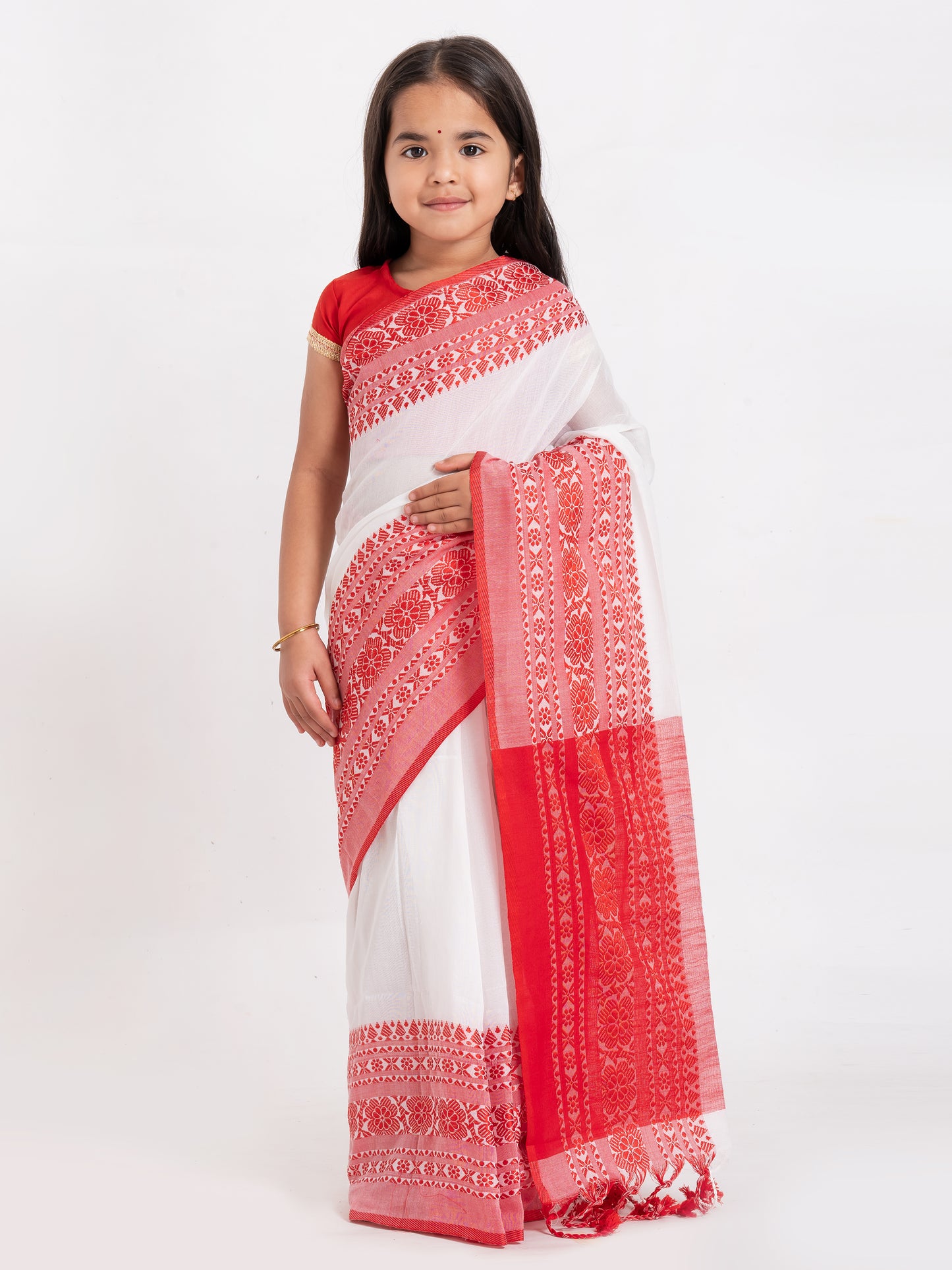Exclusive Premium Quality Traditional Cotton Saree with Red Border, Floral Print Design Kids Begumpuri Saree, Costume for Girls