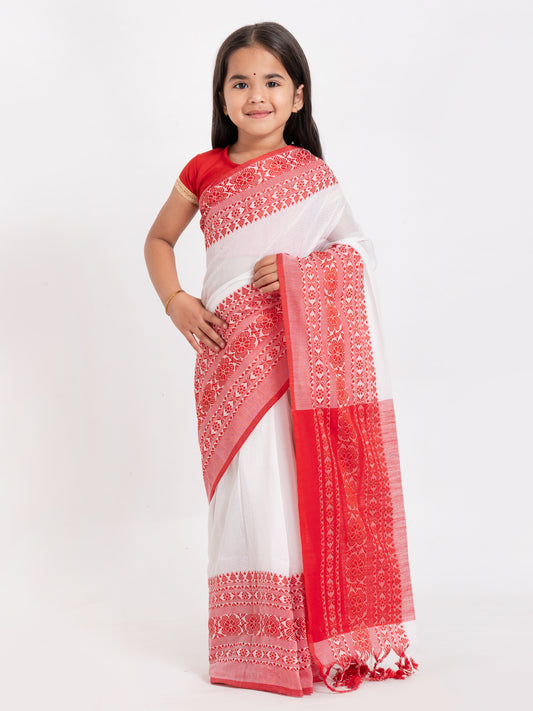 Exclusive Premium Quality Traditional Cotton Saree with Red Border, Floral Print Design Kids Begumpuri Saree, Costume for Girls